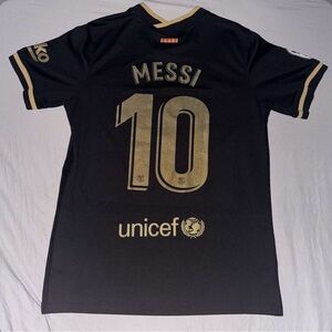 Messi 10 Barcelona Nike Black and Gold V-Neck Jersey Size Medium